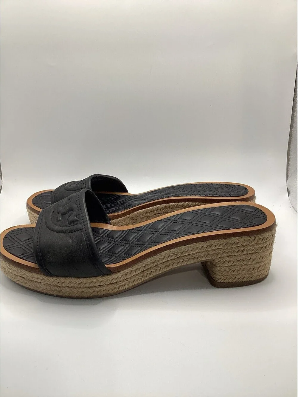 TORY BURCH Quilted Fleming Woven Wedge Espadrille Sandal Size 8.5 Black Leather